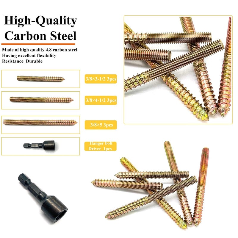 Matrelt 10Pack 3/8-16" Hanger Bolts 3 Long Sizes Include1 pcs Hanger Bolt Driver Double Headed Bolts Wood Dowel Screw Self-Tapping Screw Hanger Bolts for Furniture Screws Double Threaded Rods Bolt - Image 3